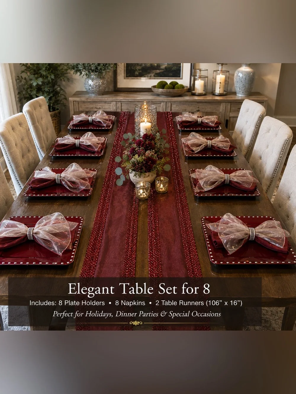 Elegant holiday set. Eight chargers, two runners and seven napkins.